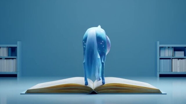 Magical unicorn emerging from an open book in a serene, blue setting.