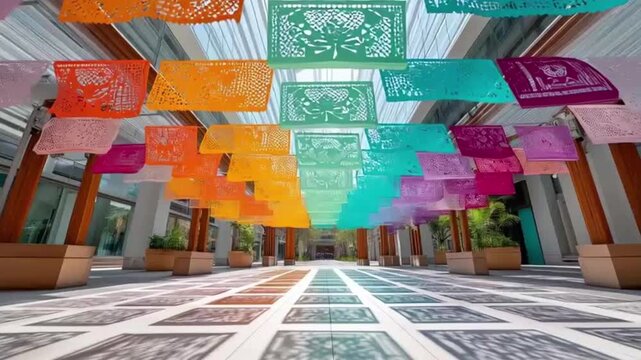 Colorful papel picado banners hang above a vibrant indoor setting.