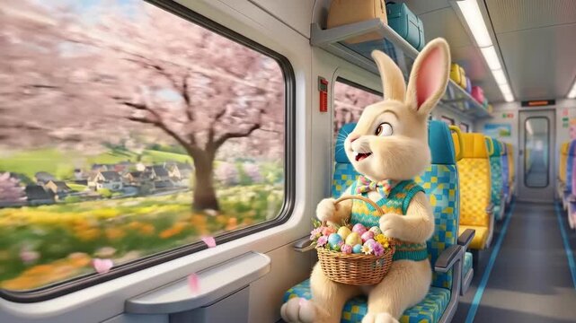 Cute easter bunny on train seat holding basket of colorful eggs. Scenic spring landscape with cherry blossoms and river through window. Holiday travel and joyful adventure concept