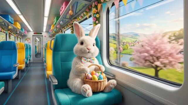 Cute white bunny wearing bow tie sits in blue train seat holding Easter egg basket. Looks out window at spring countryside landscape with hills and flowers. Holiday travel adventure and seasonal