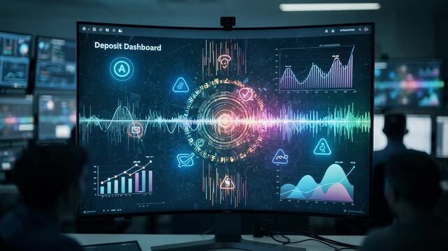 Medium shot focusing on a deposit dashboard displaying AI anomaly detection pulses and alert notifications other screens and operators less sharp.