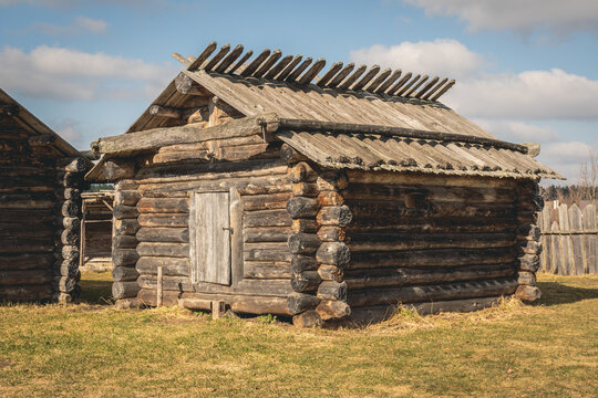 Reconstructed wooden medieval house in Kernave, Lithuania, the medieval capital of the Grand Duchy of Lithuania, UNESCO world heritage, a tourist attraction and an important archaeological site