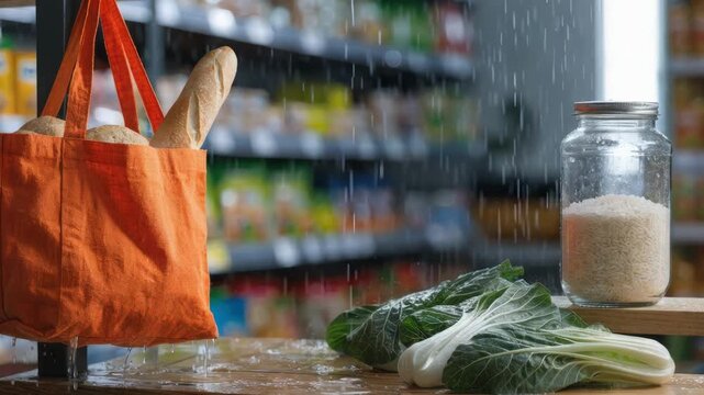 Medium shot of a concept board illustrating indexbased microinsurance for shopkeepers highlighting eventtriggered payouts while store shelves blur softly behind