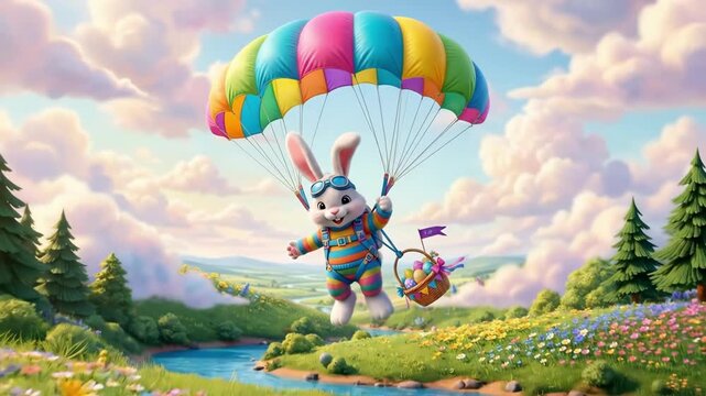 Easter bunny skydiving with rainbow parachute and egg basket over spring countryside. Cute rabbit parachuting in joyful adventure. Whimsical holiday scene with floral fields and river landscape