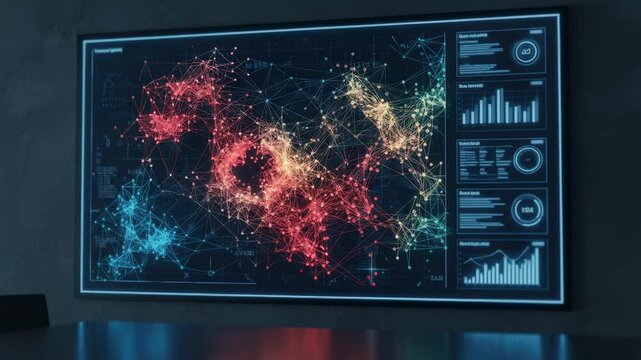 Medium shot showcasing a systemic risk heatmap on a large display with the heat zones crisply focused and adjacent indicators softly out of focus.