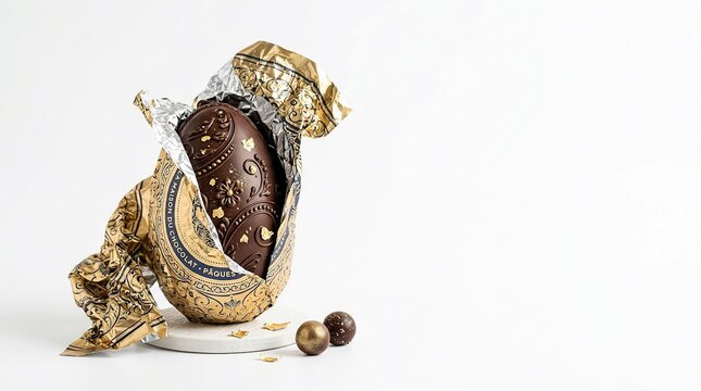 Luxury Chocolate Easter Egg with Golden Foil and Decorations