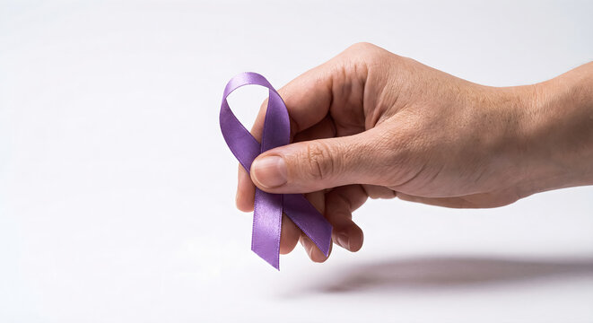 Hand Holding Purple Awareness Ribbon on White Background