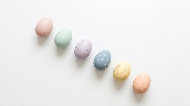 Colorful Easter Eggs Arranged in a Diagonal Line on White Background