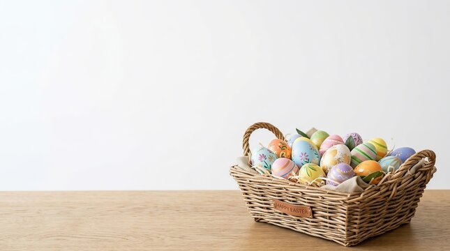 Colorful Easter Eggs in a Woven Wicker Basket on Wooden Table