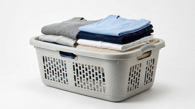 Laundry Basket with Folded Clothes on White Background