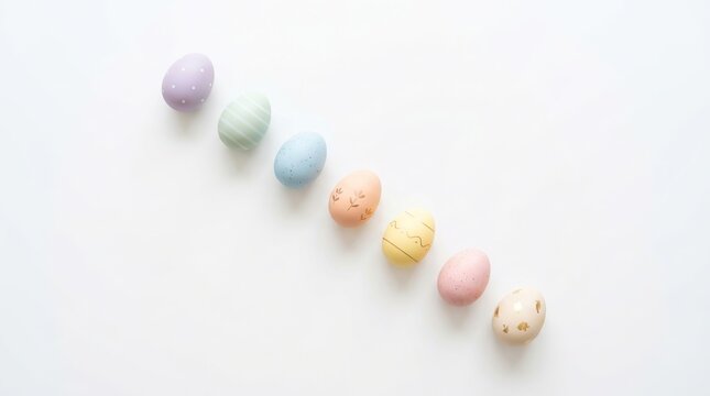 Colorful Easter Eggs in a Diagonal Line on White Background