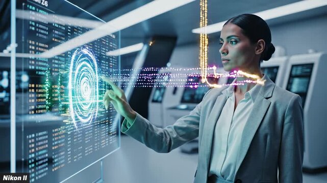 A professional woman engages with a cutting-edge artificial intelligence interface, precisely manipulating glowing data visualizations with her finger in a sophisticated futuristic workspace.