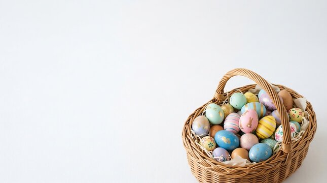 Colorful Easter Eggs in a Woven Wicker Basket on White Background