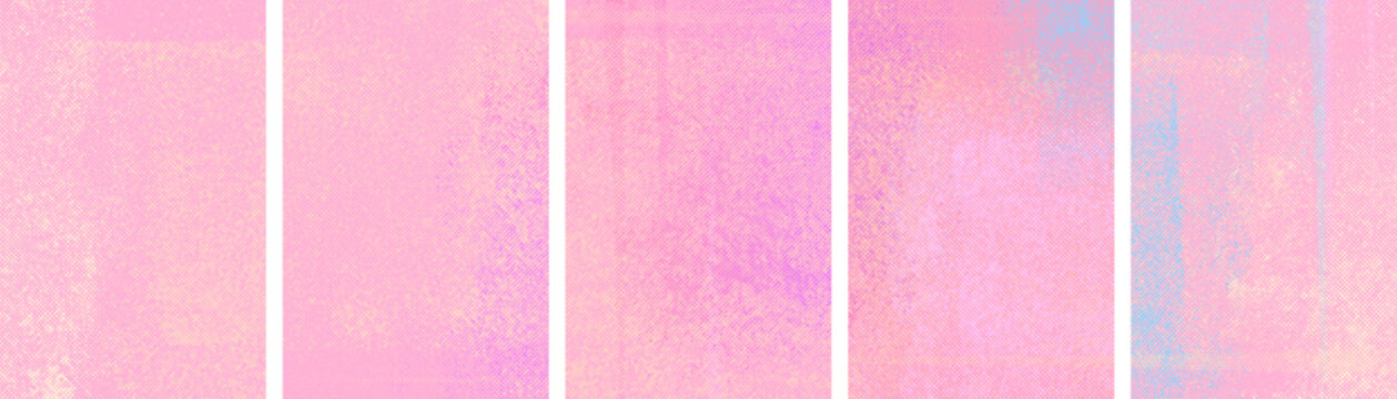 Abstract risograph texture vertical banners set. Analog riso print spring backgrounds with halftone dot overlay. Summer pastel pink and cyan blue backdrops with ink roller texture vector illustration