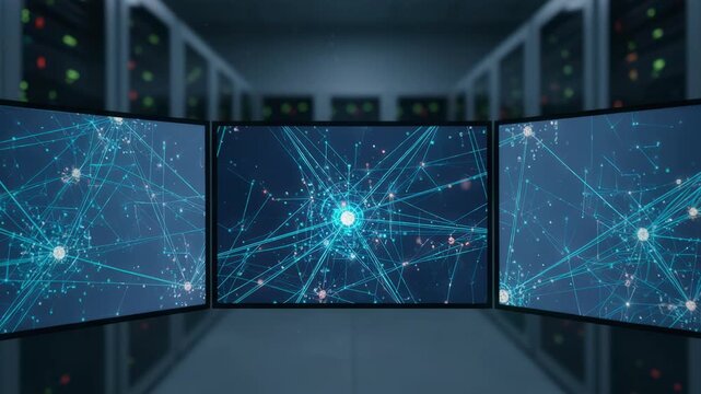 Focused shot of multiple monitors showing blockchain transaction nodes with blurred outoffocus server cabinets in the background for central bank testing.