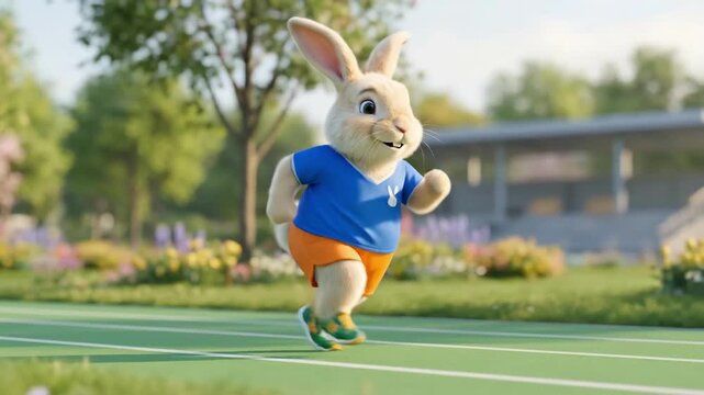 Cute anthropomorphic bunny running on green athletic track. Playful rabbit athlete in blue shirt and orange shorts. Fun sports and fitness concept for children illustration