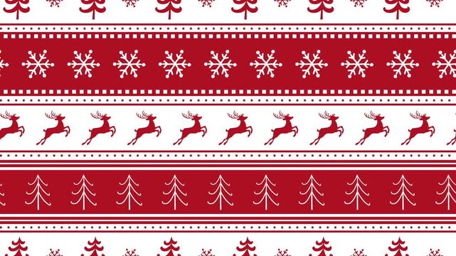 Christmas Striped Animated Pattern with Deer, Fir Trees, Snowflakes. Christmas Loop Background with Winter Elements. Merry Christmas, Happy New Year Design. Video in Red, White.