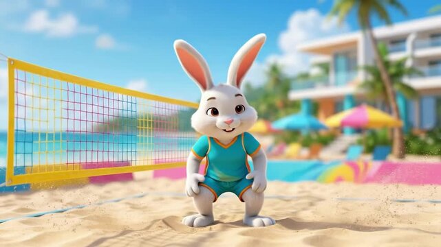 Cute white bunny jumping to spike volleyball over net on sunny beach. Anthropomorphic rabbit playing summer beach sport. Fun outdoor activity and vacation entertainment concept