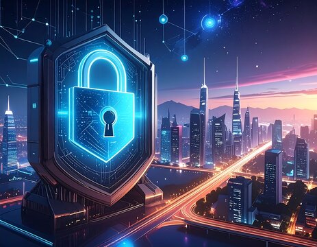 A glowing padlock within a shield symbolizes cybersecurity in a futuristic cityscape with illuminated highways and skyscrapers against a dramatic sunset