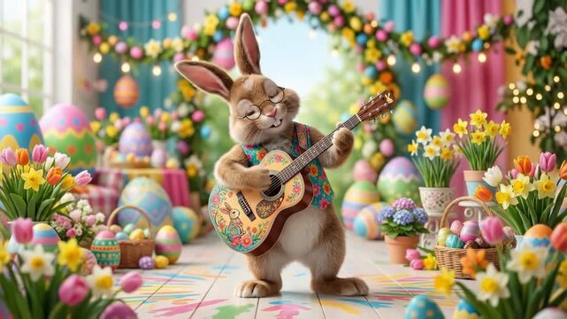 Easter bunny playing colorful guitar in festive room with eggs and flowers. Anthropomorphic rabbit musician dancing joyfully amid spring decorations. Holiday celebration and musical entertainment