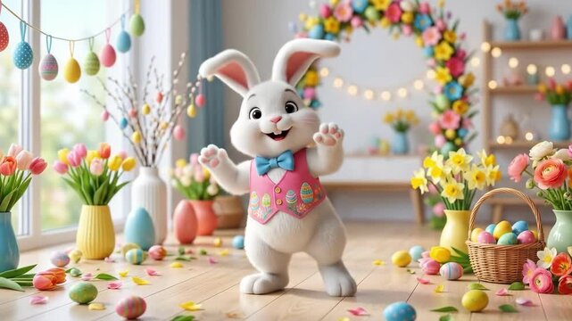 Dancing easter bunny in sunny living room surrounded by colorful eggs and tulips. Joyful spring holiday celebration concept with festive decorations for seasonal greetings and easter themes