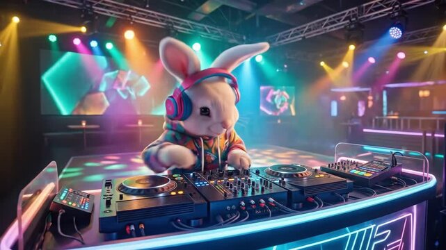 Adorable white bunny DJ spinning tracks at vibrant nightclub. Fun anthropomorphic rabbit in hoodie and headphones at neon console. Music entertainment and party nightlife concept