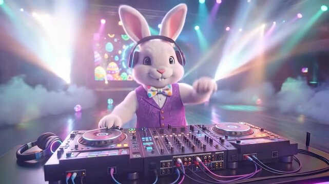 Easter bunny DJ spinning tracks at colorful party. Cute rabbit character in bow tie and headphones mixing music. Festive holiday celebration with lights and eggs