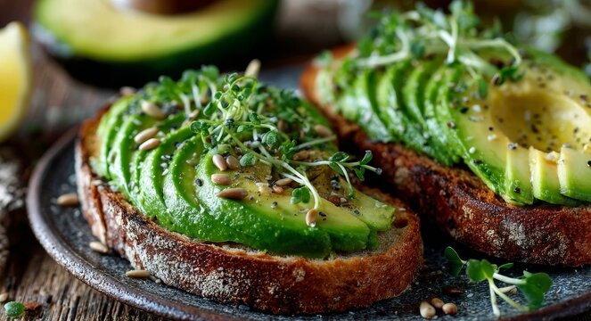 On a rustic wooden table lies healthy smashed avocado toast topped with seeds and sprouts