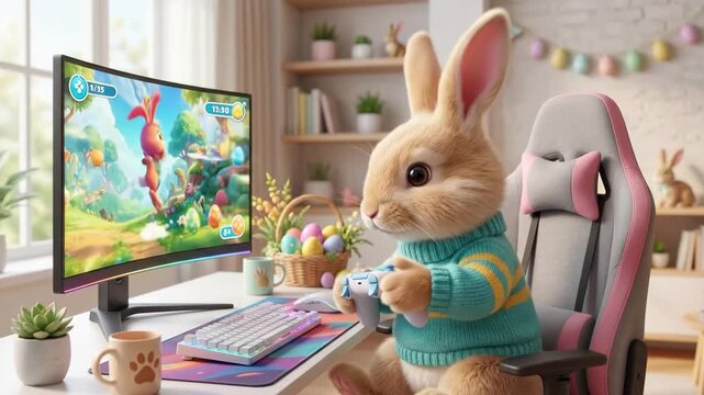 Cute anthropomorphic bunny in sweater playing adventure video game on curved monitor. Easter rabbit gamer at cozy home desk with decorations and plants. Fun digital entertainment concept for holidays
