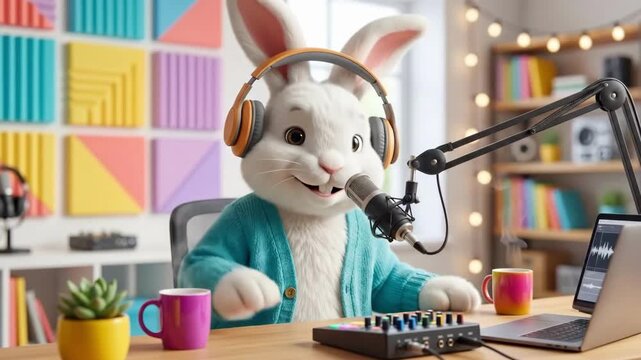 Cute cartoon bunny rabbit as podcaster wearing headphones and speaking into microphone at desk. Adorable anthropomorphic animal in colorful cozy studio with laptop and mug. Broadcasting and