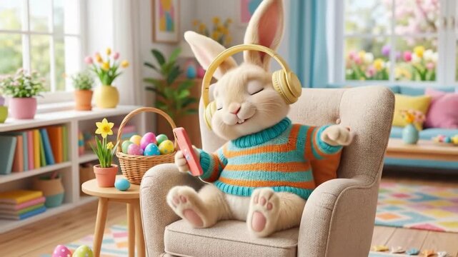 Cute easter bunny listening to music on smartphone while relaxing in cozy living room. Adorable anthropomorphic rabbit with headphones enjoying spring holiday decorations including colorful eggs and