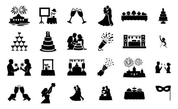 Wedding Reception Celebration Silhouettes Set &ndash; Bride Groom Dance Cake Champagne DJ Party Icons
