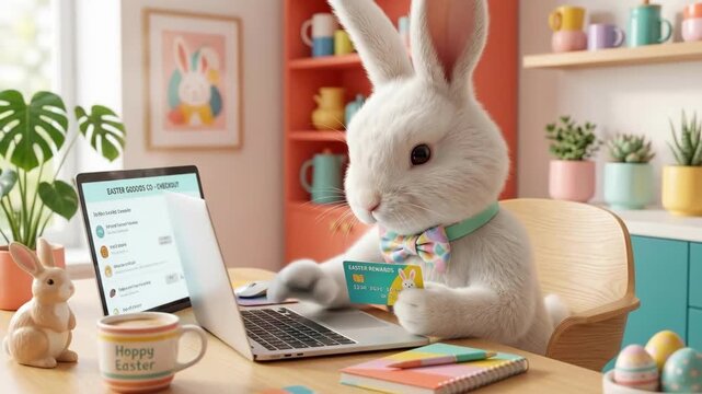 Anthropomorphic easter bunny working on laptop with credit card. Cute rabbit character shopping online during holiday. Pastel home kitchen setup with eggs and easter mug