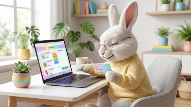 Cute anthropomorphic bunny rabbit wearing glasses and yellow sweater shopping online on laptop with credit card. Digital e-commerce and technology concept in cozy pastel room interior