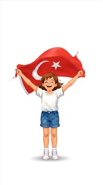 An animation of two children walking enthusiastically hand in hand, with Turkish flags in their other hands. Happy April 23rd National Sovereignty and Children's Day.