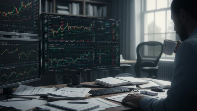 Workspace featuring an economists desk cluttered with printouts and spreadsheets main monitor in sharp focus showing realtime financial indicator graphs against softly blurred