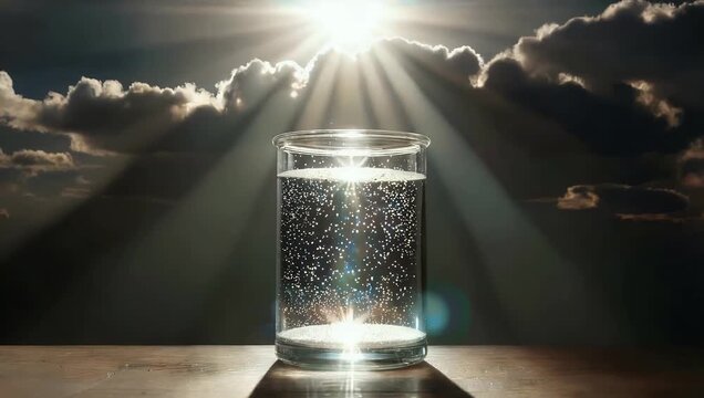 Mystical visual of celestial beam of light illuminating glass vessel of shimmering particles capturing high quality magical and ethereal atmosphere