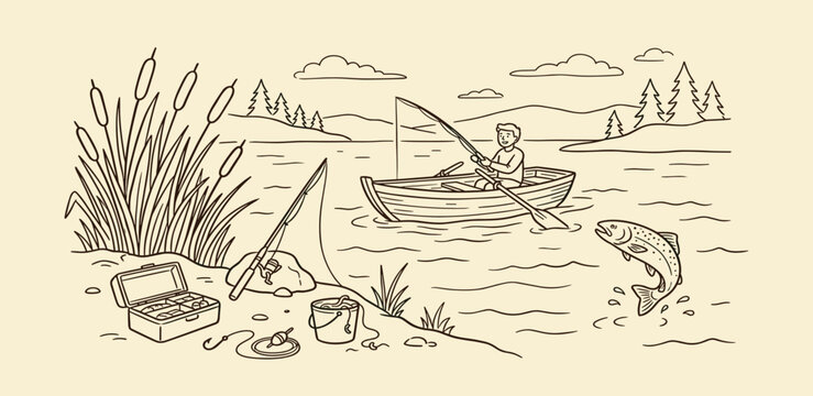 Line art illustration of a person fishing from a boat with a leaping trout and fishing gear on a serene lake
