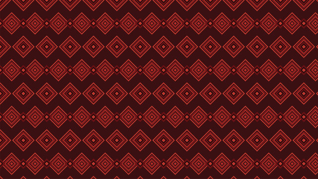 Geometric ethnic pattern with red diamond shapes on dark burgundy background, seamless tribal vector textile design, traditional folk ornament for fashion fabric and interior wallpaper