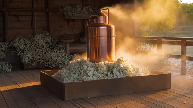 Traditional copper still distillation of neroli orange blossoms with golden floral honey vapor in rustic outdoor artisan setting