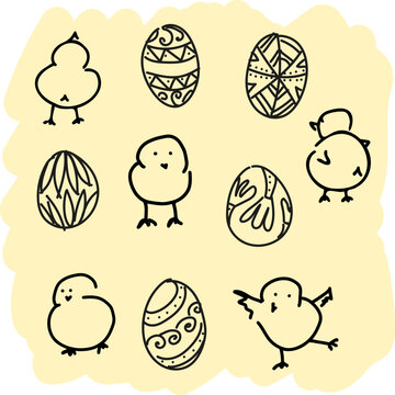 Cute hand drawn Easter chicks and decorated eggs in doodle cartoon style. Funny skech baby chickens with pysanka isolated on yellow background, for spring holiday design, stickers, cards, celebrations