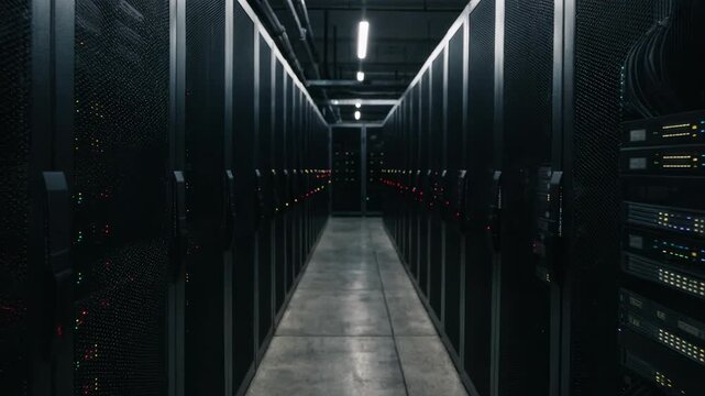 Side view of a commercial data center aisle showcasing rows of server racks in hot aisle configuration LED lights blinking distinctly while other equipment is softly blurred.
