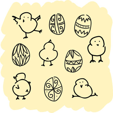 Cute hand drawn Easter chicks and decorated eggs in doodle cartoon style. Funny skech baby chickens with pysanka isolated on yellow background, for spring holiday design, stickers, cards, celebrations
