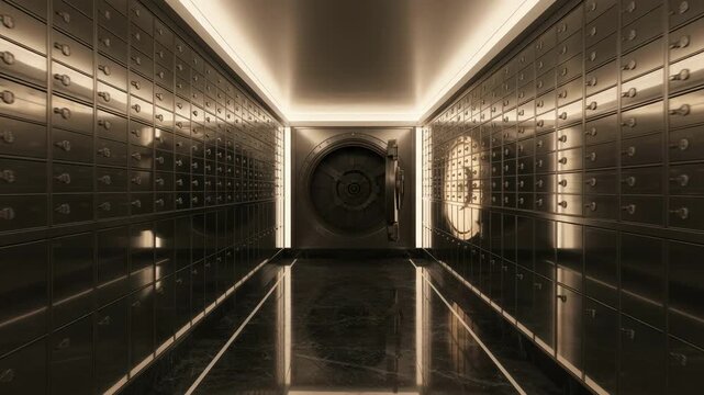 Medium shot showing a luxury bank vault corridor with polished steel deposit boxes reflecting ambient lights evoking sophistication and trust.