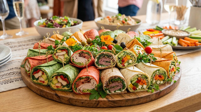 Assorted colorful wrap sandwiches on a wooden platter for catering