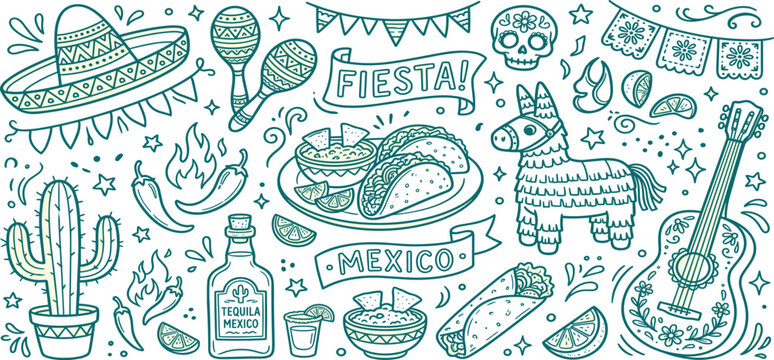 Vibrant Mexican Fiesta Doodle Art Featuring Traditional Symbols Like Sombreros, Maracas, Pinatas, Tacos, and Cacti
