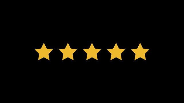 Five star rating icon animated video, animation video isolated on alpha channel background. Animated of 5 stars rating. Motion graphics of review concept