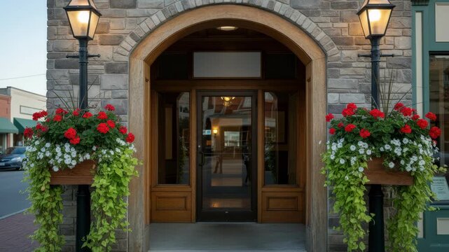 Smalltown credit union exterior framed by vintage street lamps and flower boxes showcasing a crisp entryway with the surrounding quiet street out of focus.