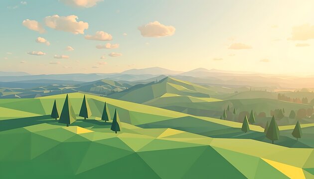 A serene landscape of rolling green hills and trees under a blue sky with clouds at sunset