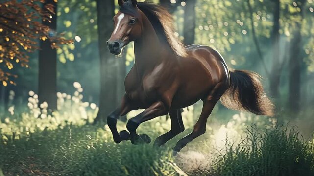 Bay horse galloping through misty birch forest, splashing dust and tall autumn grass, sunlit muscles and flowing mane, powerful hooves kicking, cinematic mood